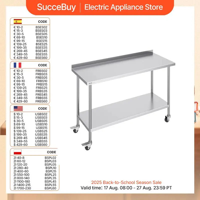 Stainless Steel Work Table Commercial Food Prep Worktable with Casters Heavy Duty Prep Worktable for Restaurant Home Hotel